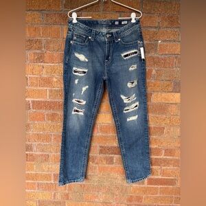 Miss Me Boyfriend Ankle Ripped Plaid Patch Cotton Denim Womens Jeans NEW Size 28